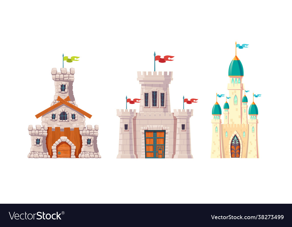 Medieval fairytale castles cartoon set