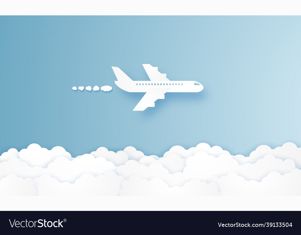 Airplane flying in the sky paper art style Vector Image