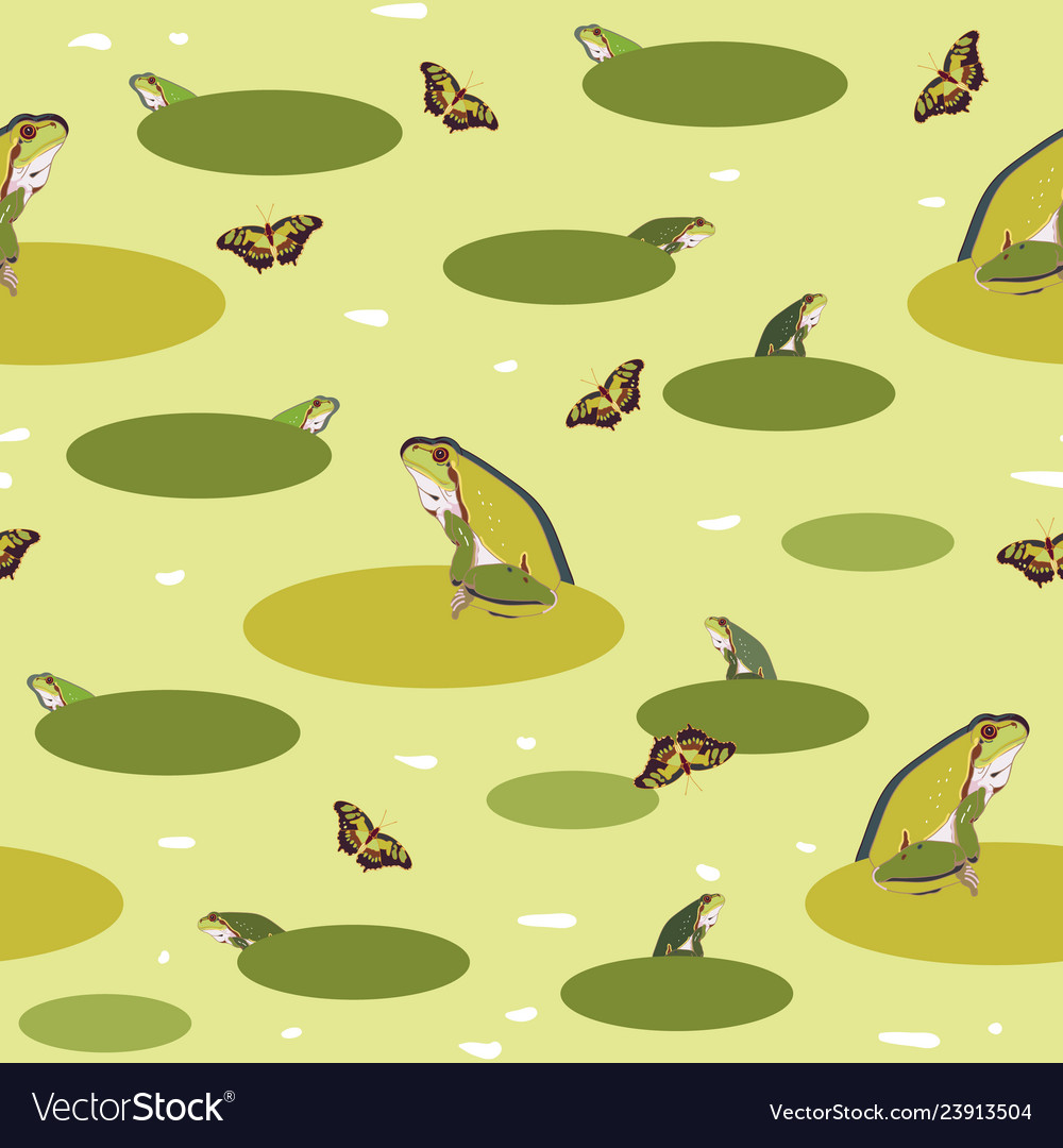 Green pattern with frog and butterfly