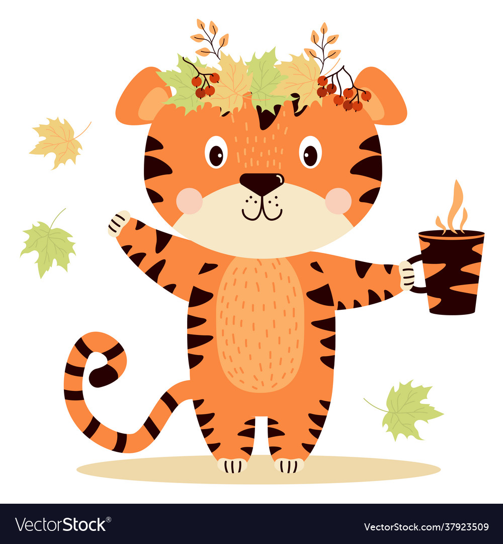 Cute tiger in wreath autumn leaves with a cup