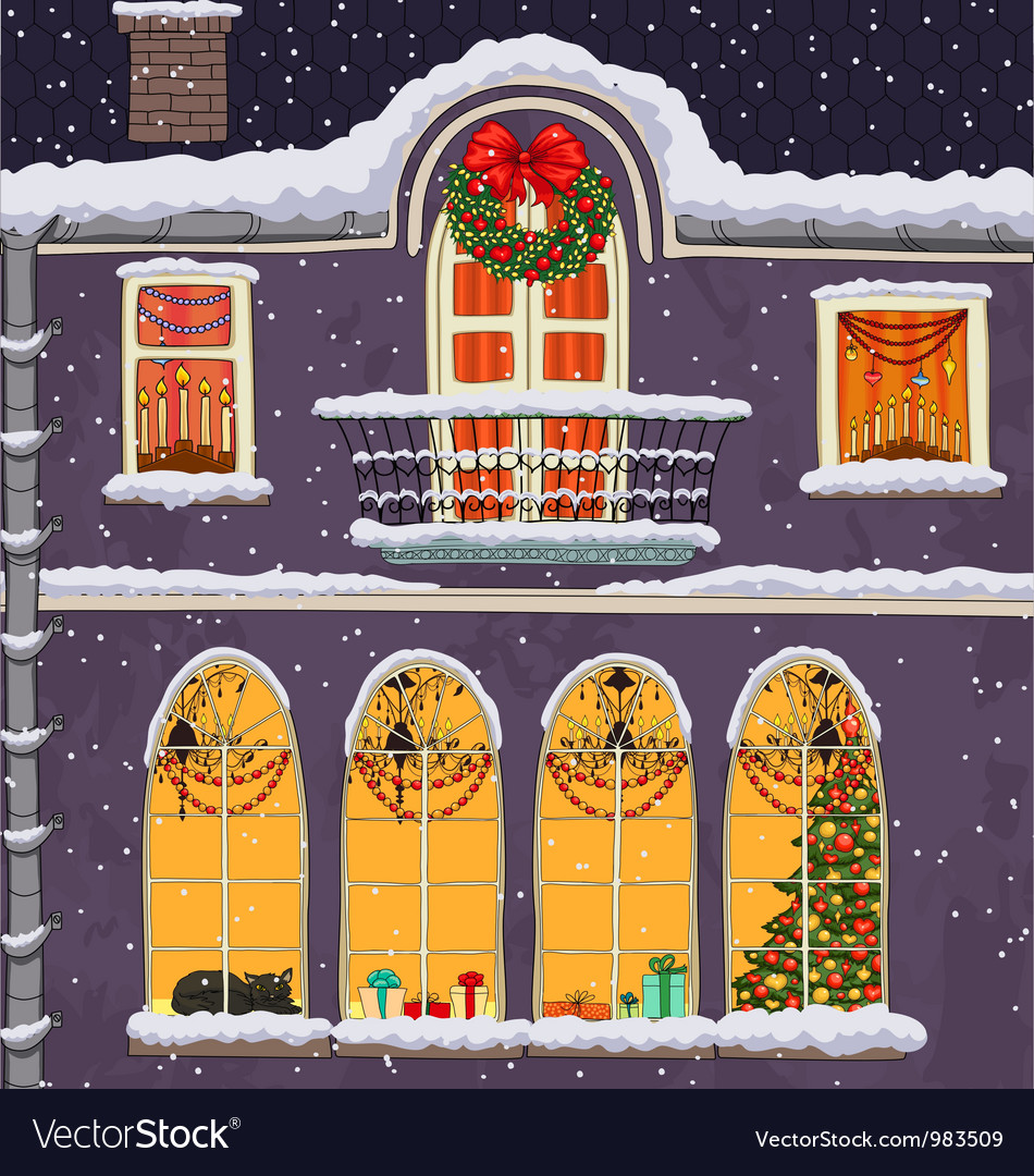 Hand-drawn christmas background with windows Vector Image