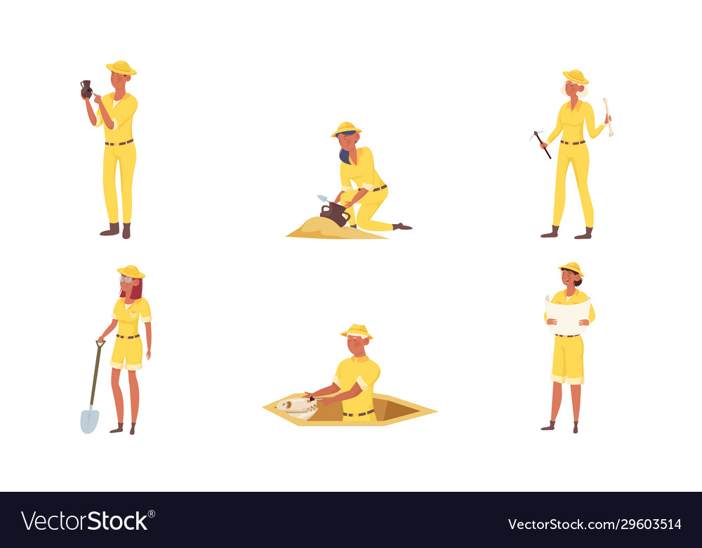 Set cartoon archaeologist characters in yellow