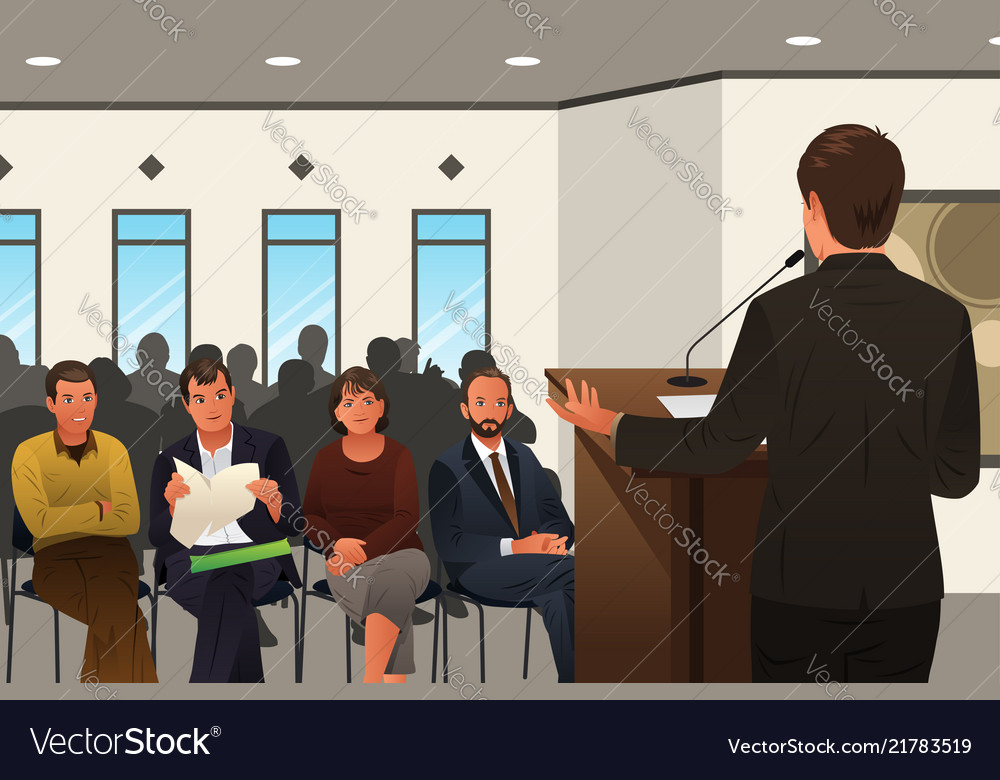 Businessman speaking at a podium in conference Vector Image