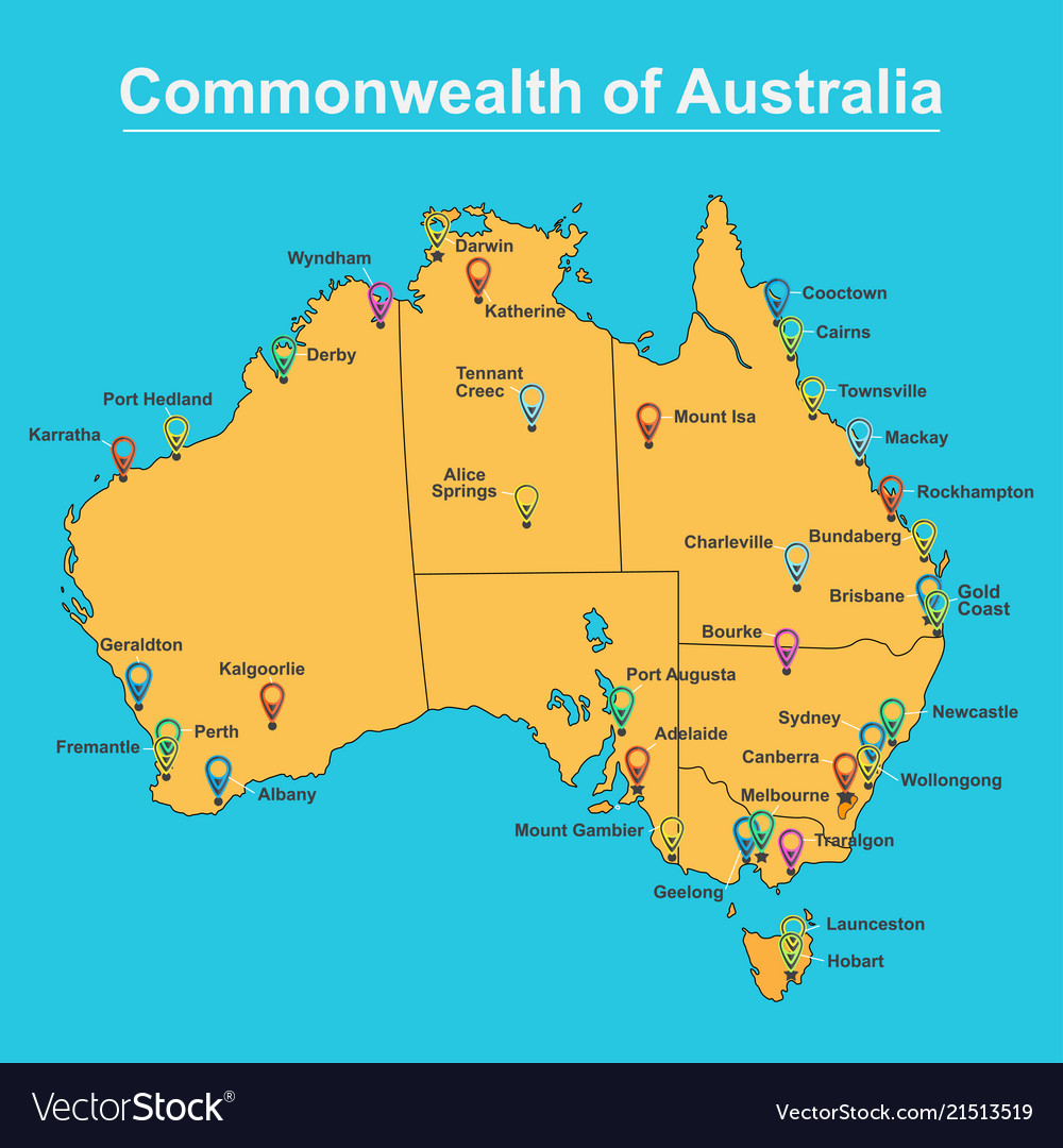 Map australia with major towns and cities Vector Image