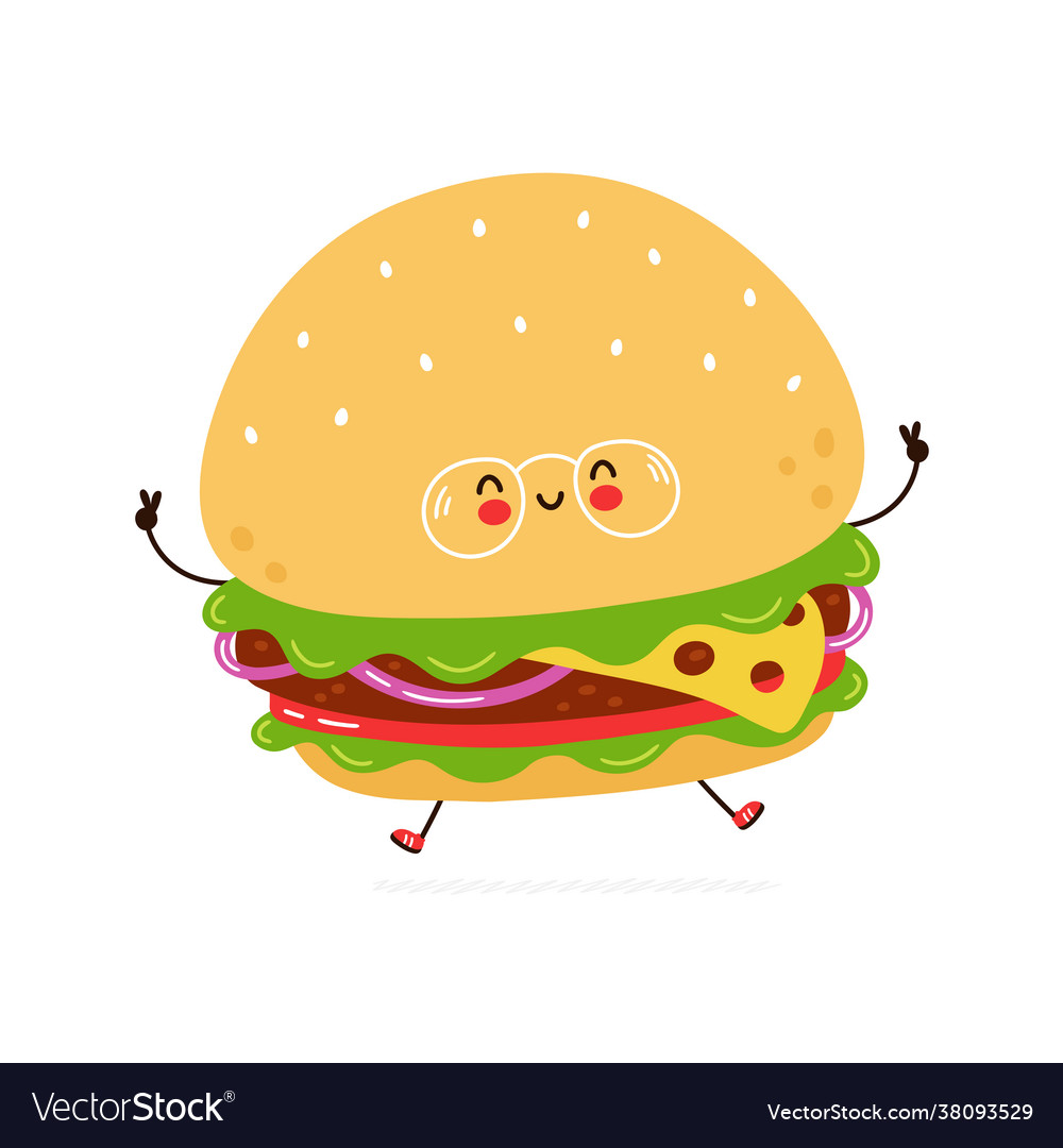 Cute funny burger in glasses character Royalty Free Vector