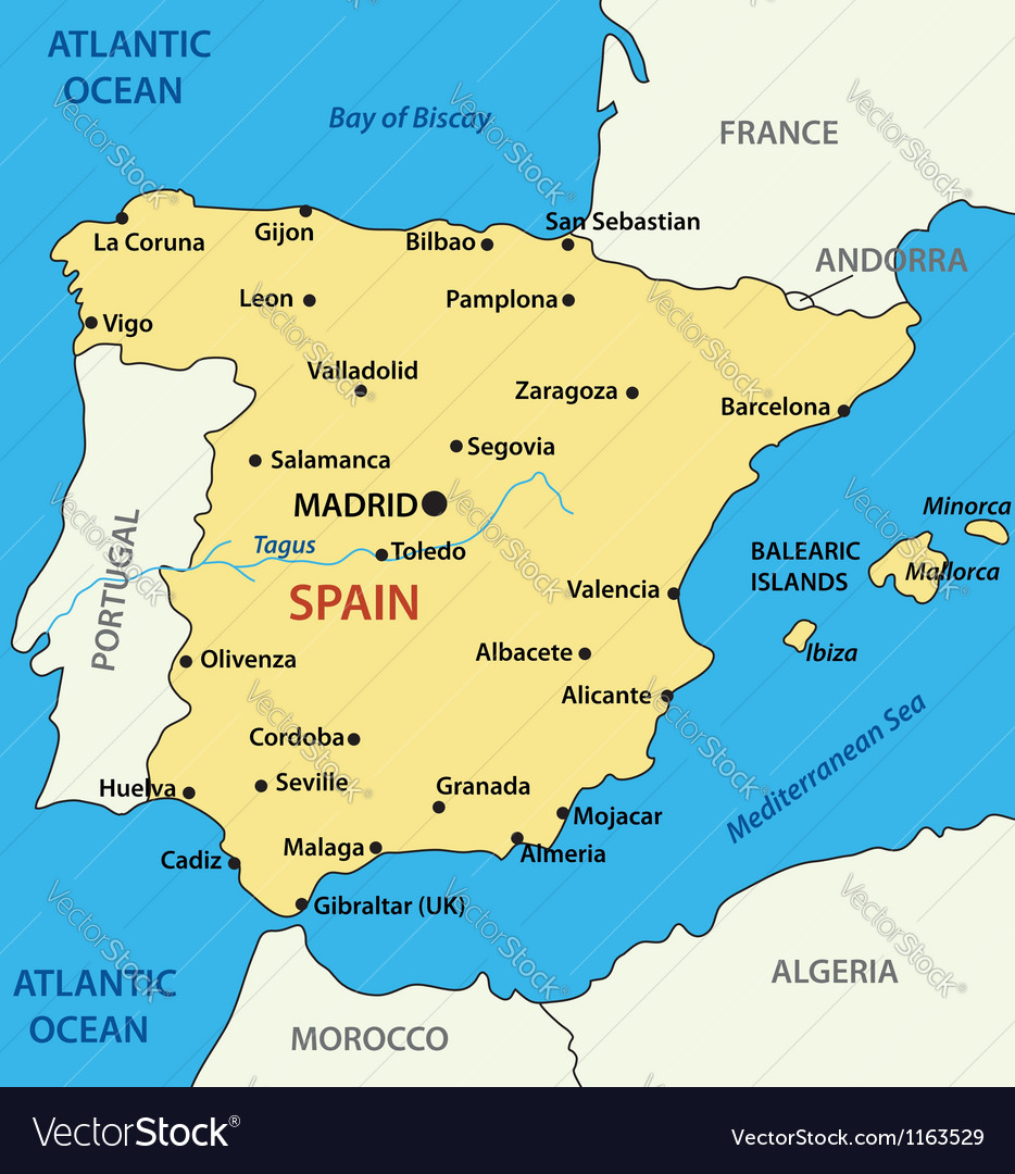 Map Of Spain Royalty Free Vector Image VectorStock   Map Of Spain Vector 1163529 