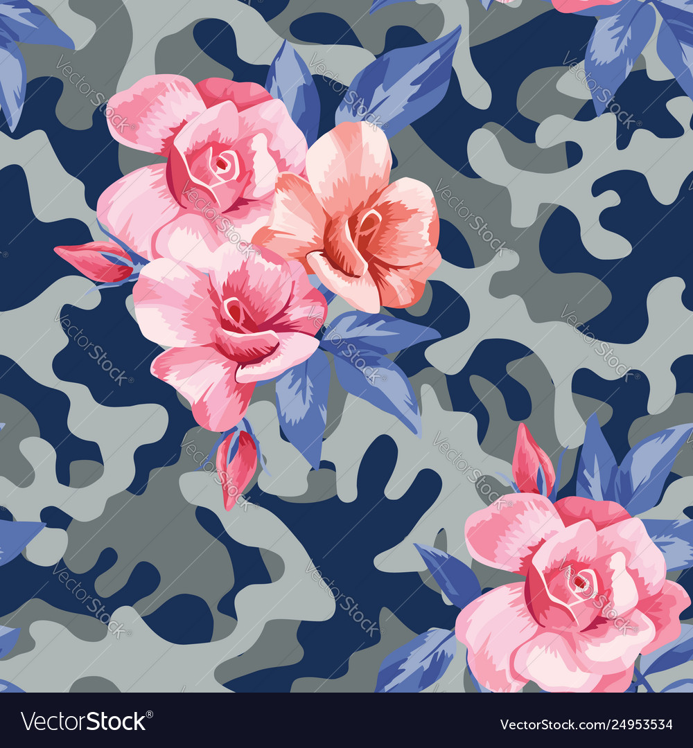 Camo military in pink yellow color with roses vector image Camo military in pink yellow color with roses