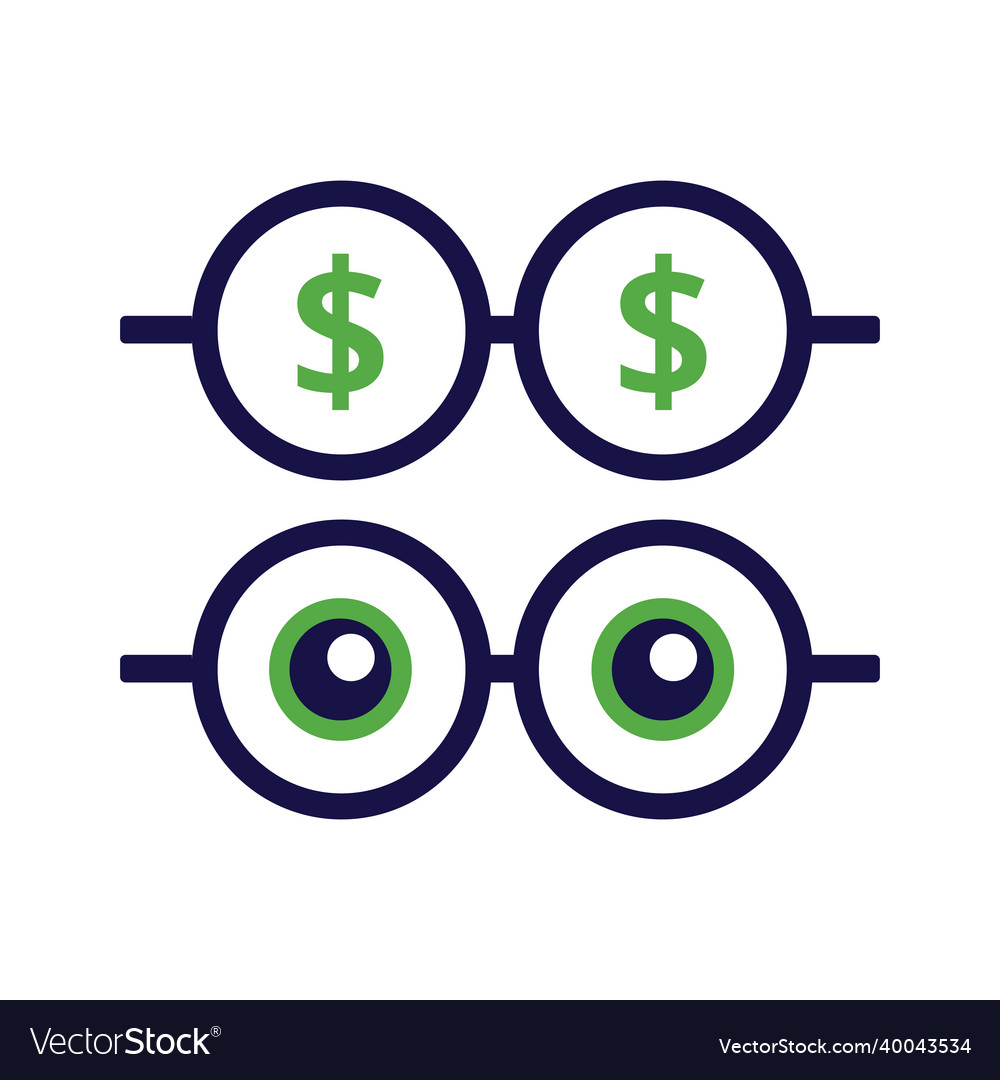 Glasses with coin eyes dollar icon on white