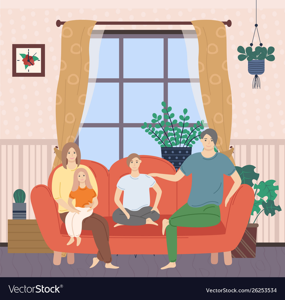 Parents and kids sitting on sofa in room Vector Image