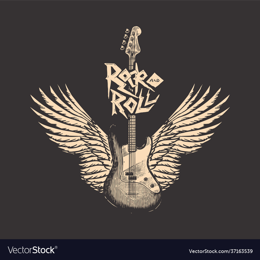 Guitar with angel wings hand drawn grunge sketch Vector Image