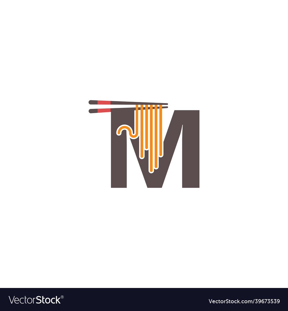 Letter m with chopsticks and noodle icon logo