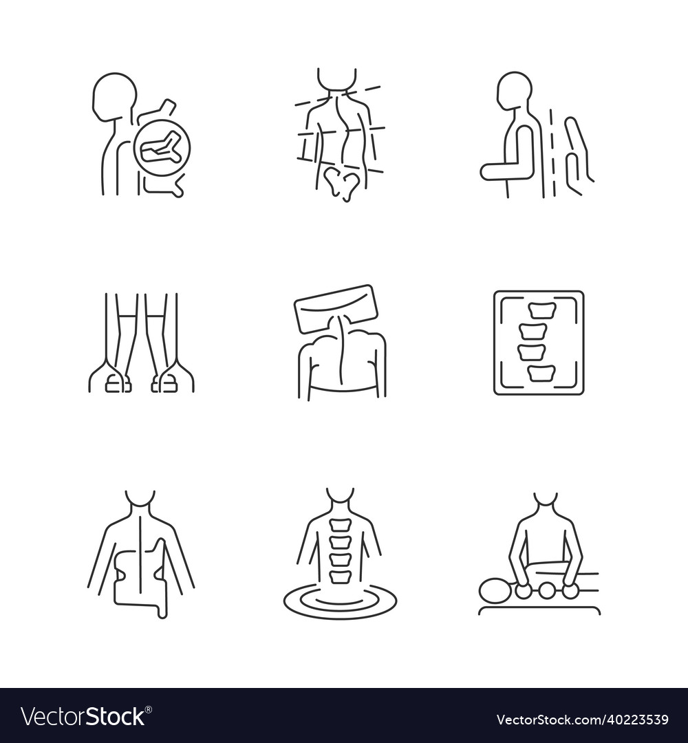 Scoliosis diagnosis and treatment linear icons set