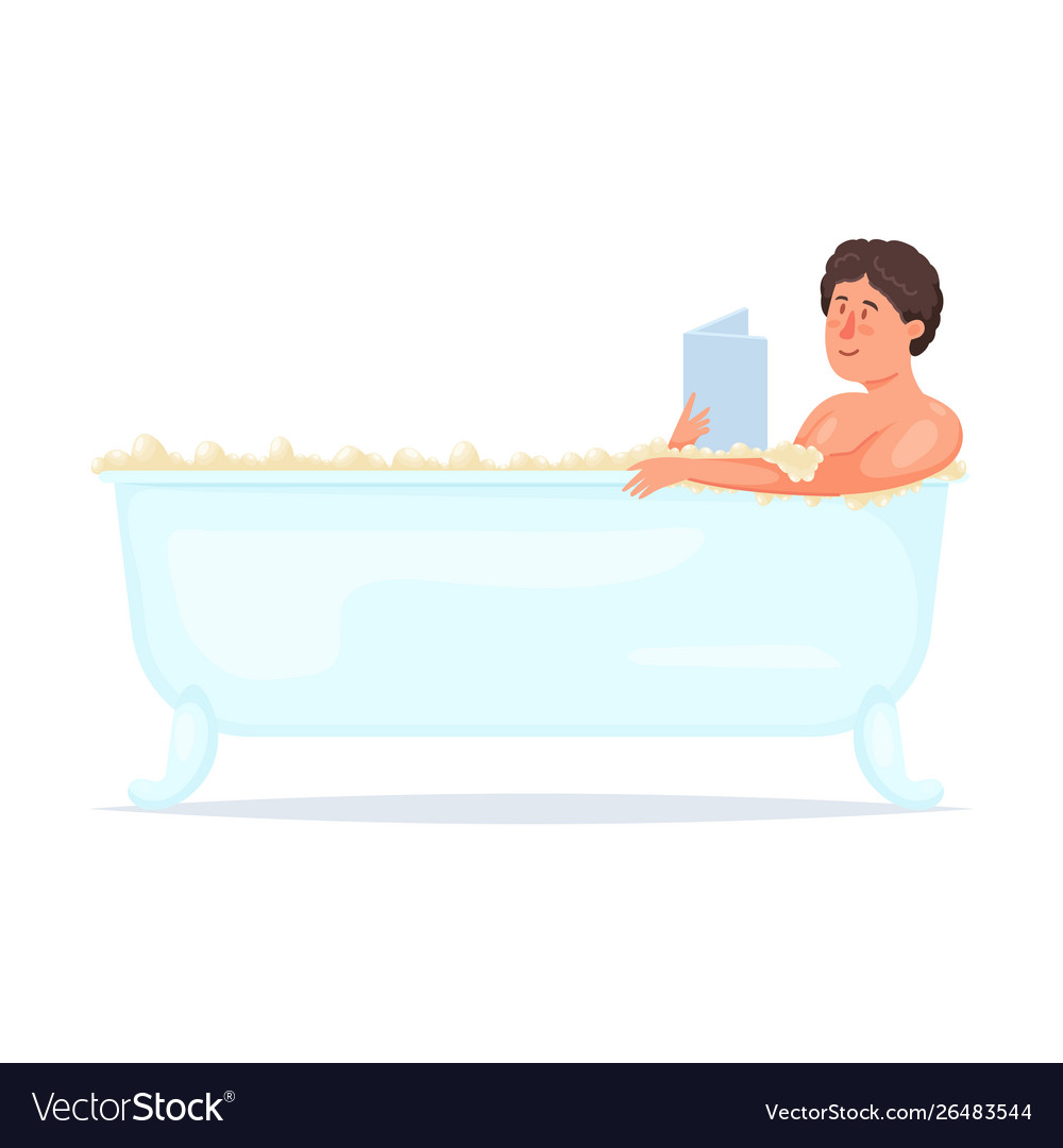 Cute boy take a bath in ceramic bathtub and read Vector Image