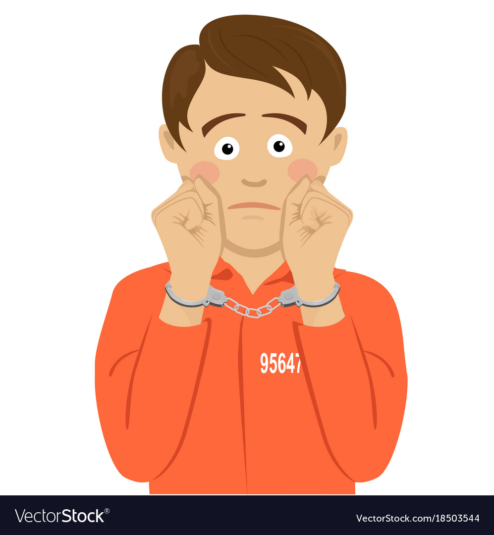 Unhappy american prisoner boy showing handcuffs Vector Image