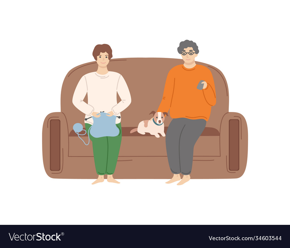 Woman and man sitting on comfortable sofa at home