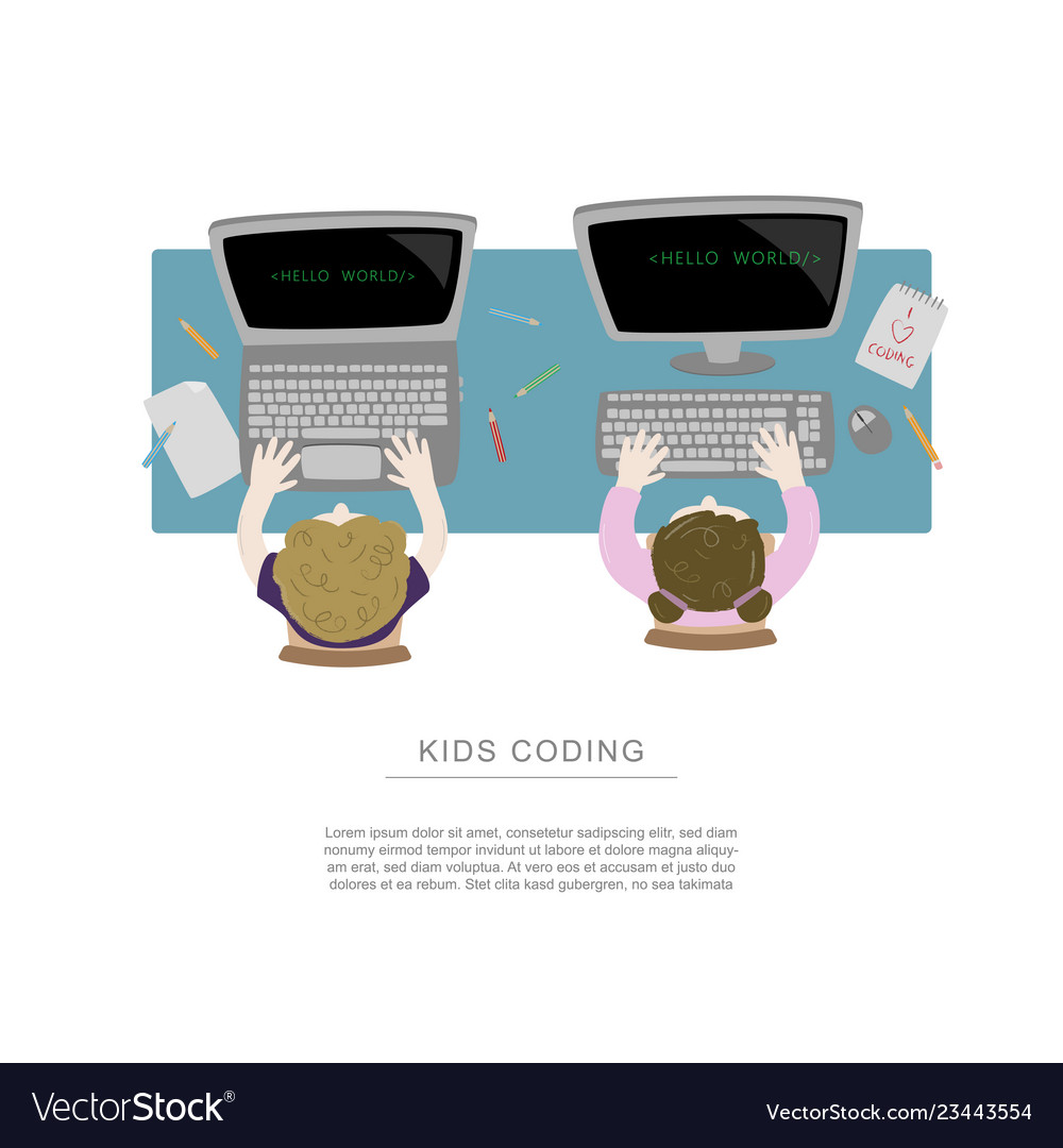 Boy and girl sitting at a desk and coding Vector Image