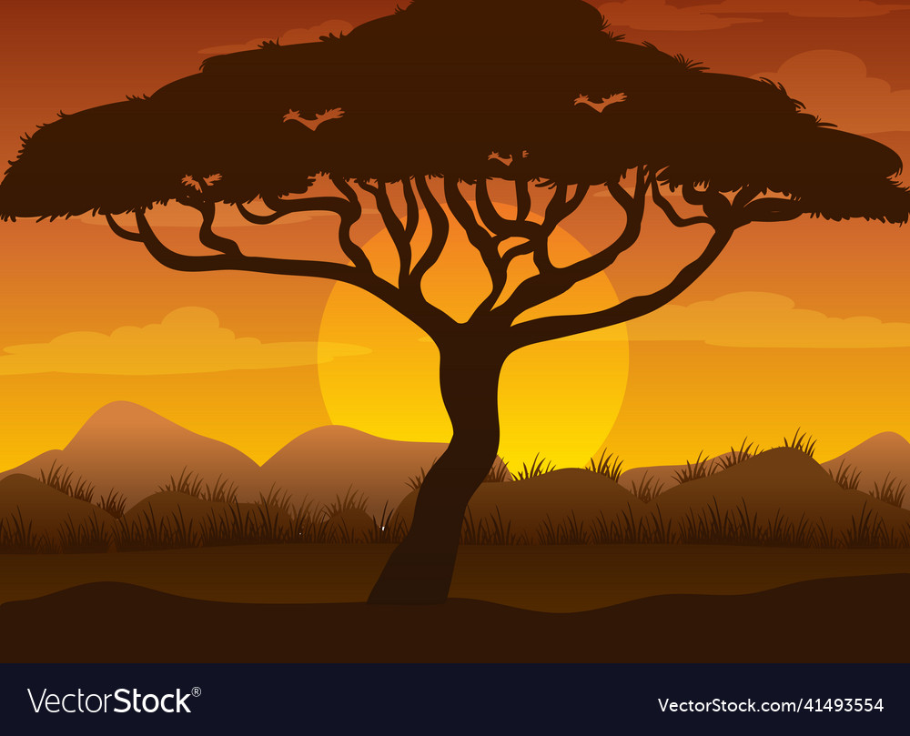 Silhouette savanna forest at sunset time Vector Image