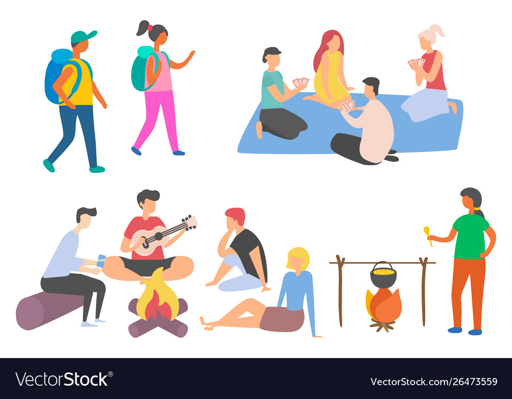 Outdoor campfire people camping friends Royalty Free Vector