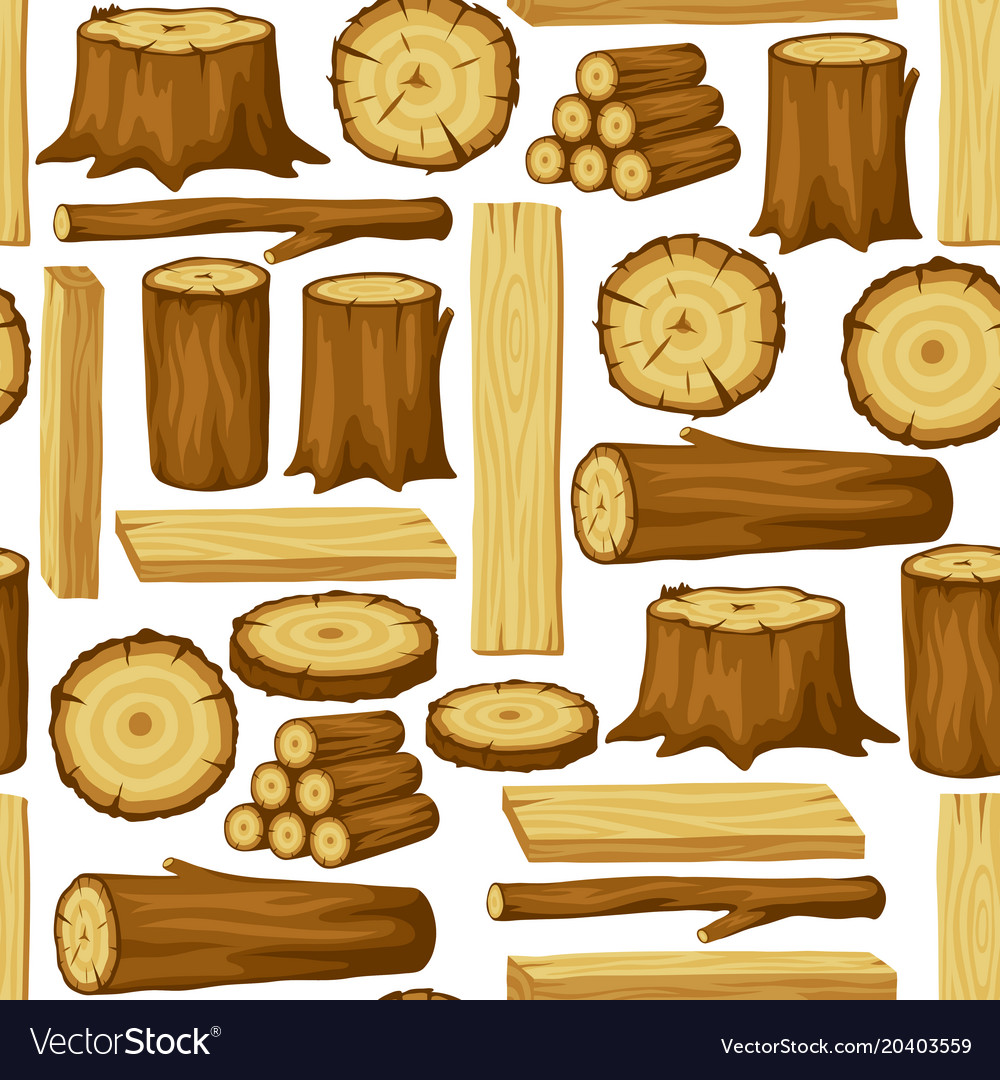 Seamless pattern with wood logs trunks and planks