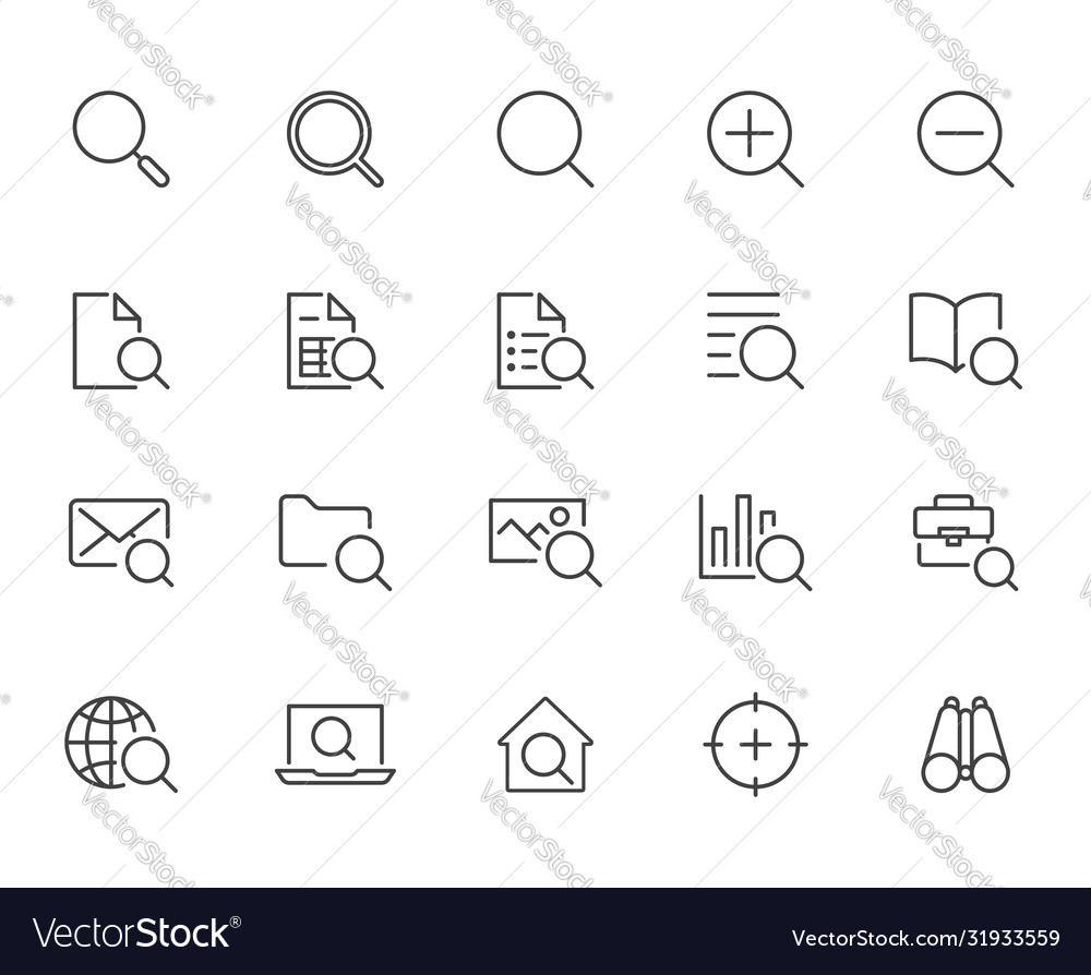 Search line icons set zoom find document