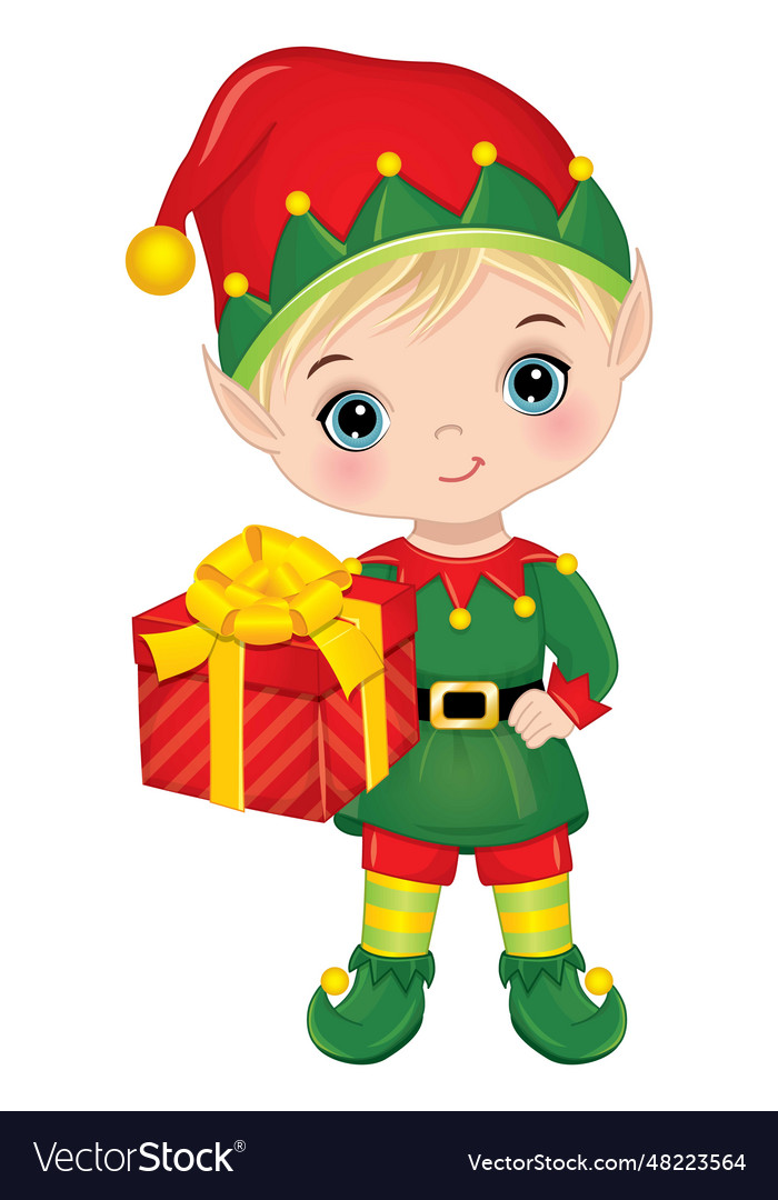 Cartoon cute little elf boy with gift box Vector Image