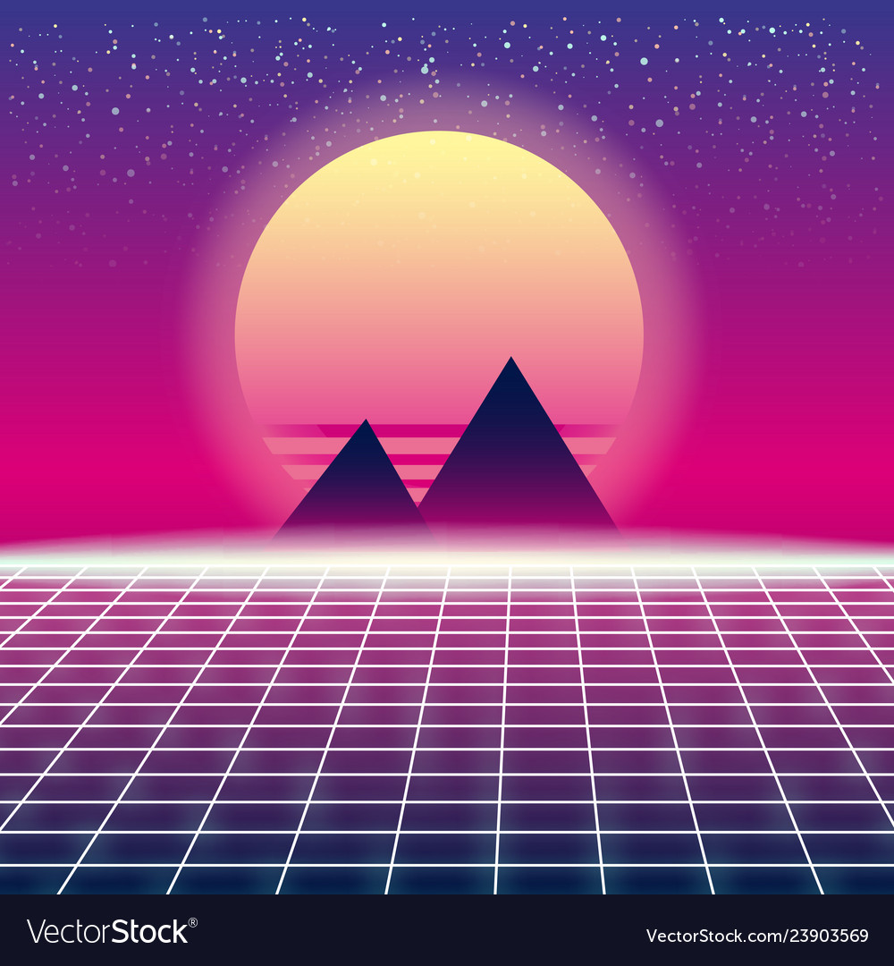 Synthwave retro futuristic landscape with pyramids