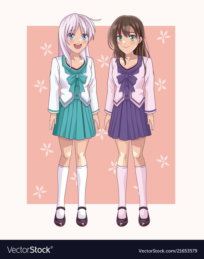 Couple of anime students womens Royalty Free Vector Image Couple of anime students womens Royalty Free Vector Image