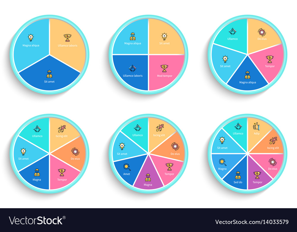 Pie charts with 3 4 5 6 7 8 steps sections Vector Image