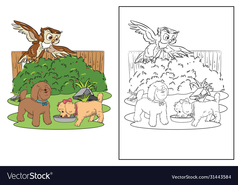 Coloring page cute dogs owl in yard