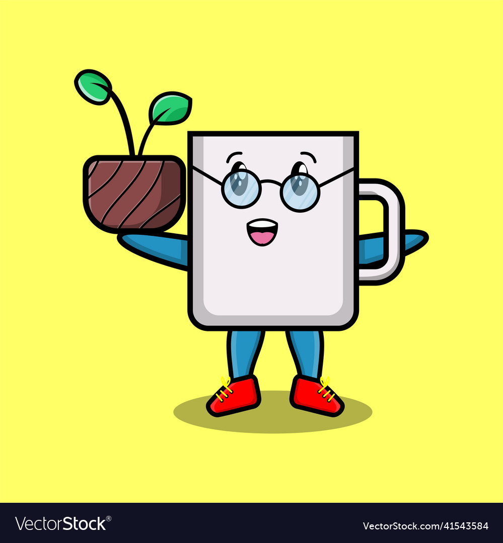 Cute cartoon mug holding plant in a pot