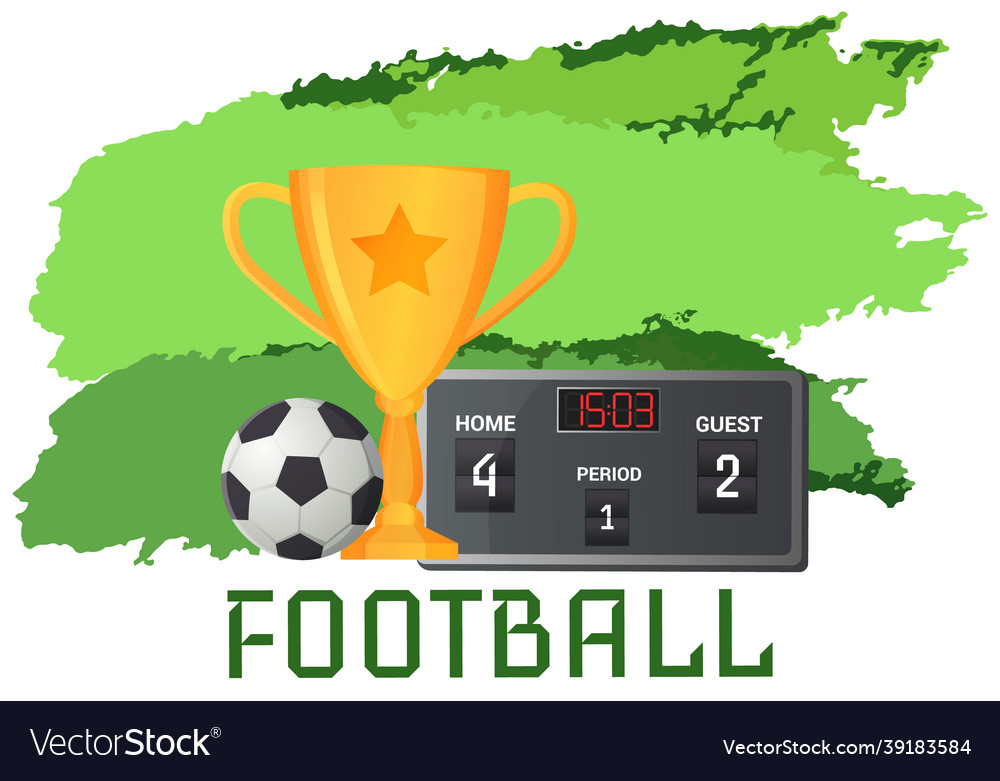 Gold cup near football ball poster of sport game