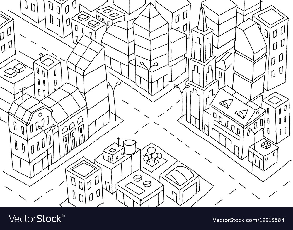 Intersection of the big city sketch skyscrapers Vector Image