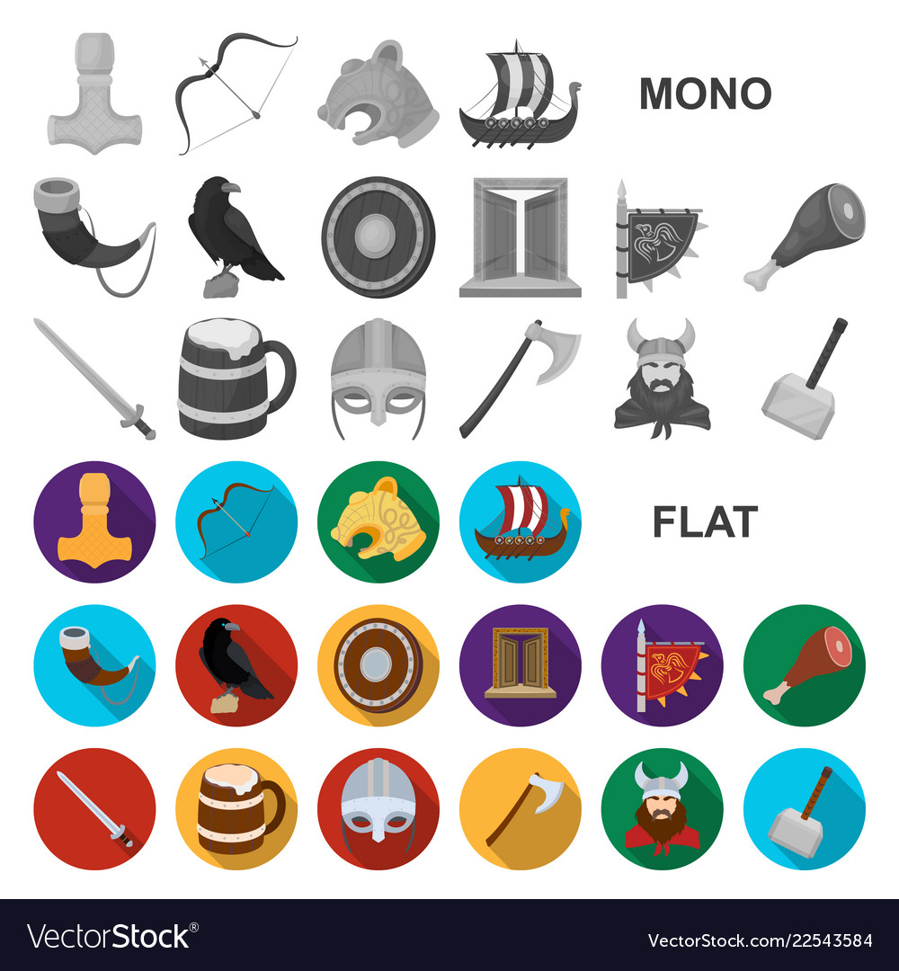 Vikings and attributes flat icons in set