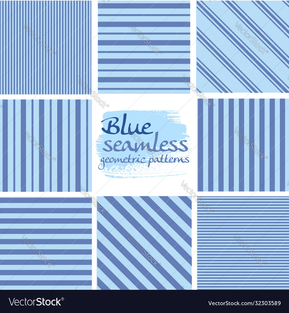 Set blue seamless geometric striped patterns