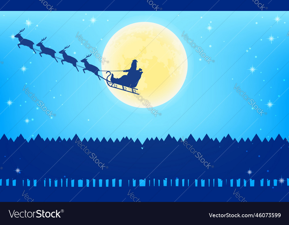 Santa claus flying in reindeer sleigh full moon Vector Image