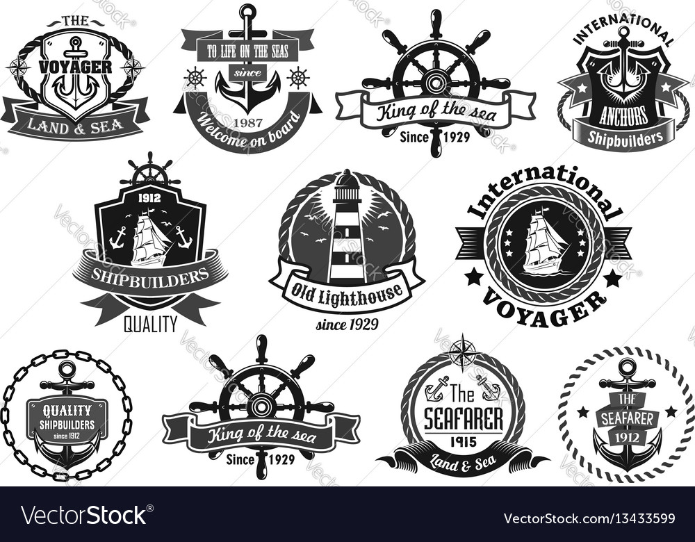 Sea emblem set with anchor helm sailing ship Vector Image