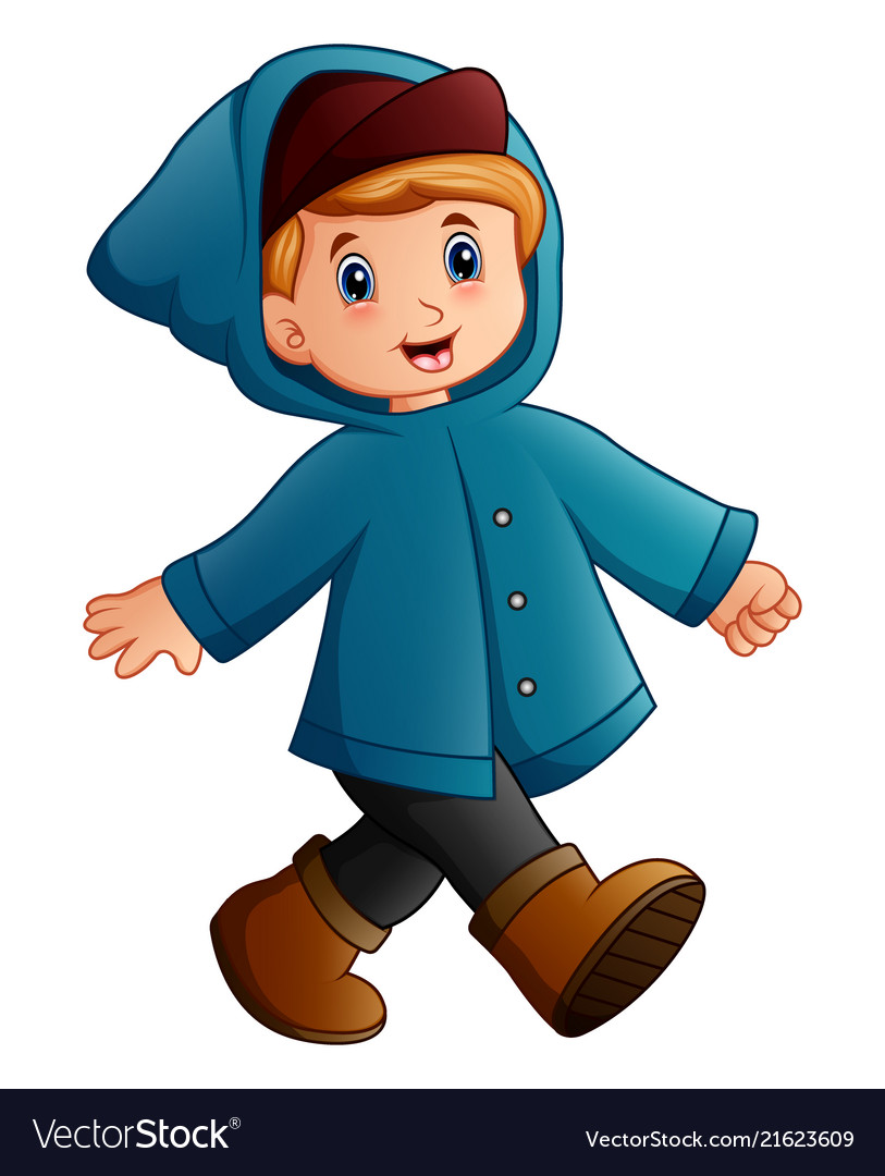 Cartoon boy in blue winter jacket walking