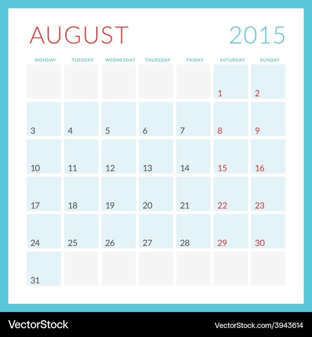 Calendar 2015 flat design template august week Vector Image