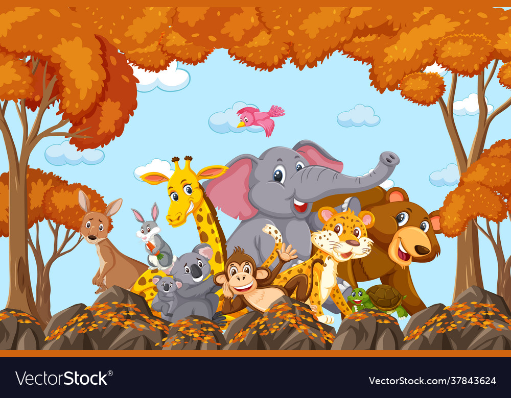 Wild animals group in autumn forest scene Vector Image Wild animals group in autumn forest scene Vector Image