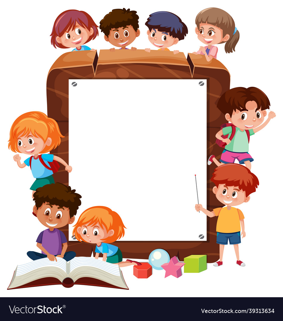 Empty wooden frame with many children cartoon Vector Image