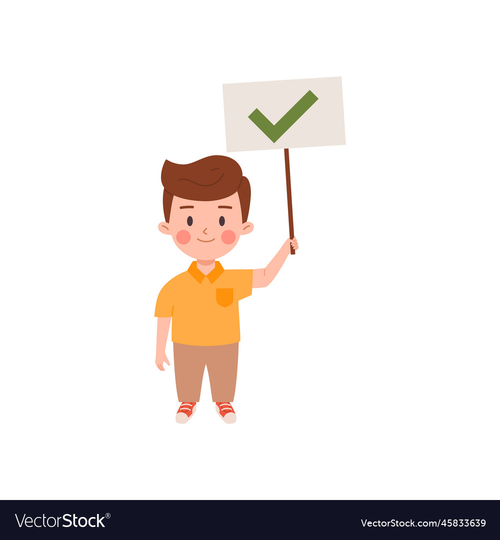 Smiling Boy Holding Paper Banner With Green Check Vector Image