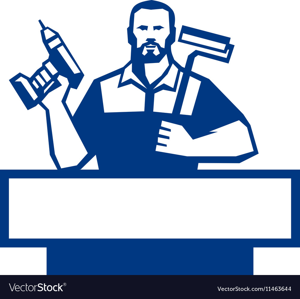 Handyman bearded cordless drill paintroller retro Vector Image