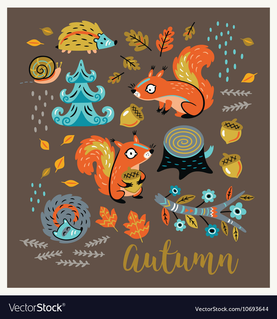 Set of cartoon characters and autumn elements