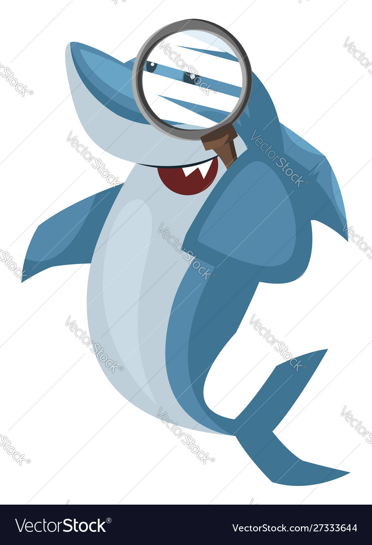 Shark with magnifying glass on white background