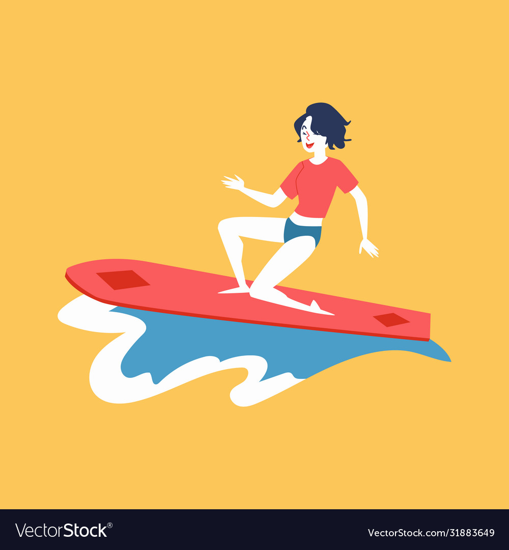 Female surfer standing on surfboard with one knee Vector Image