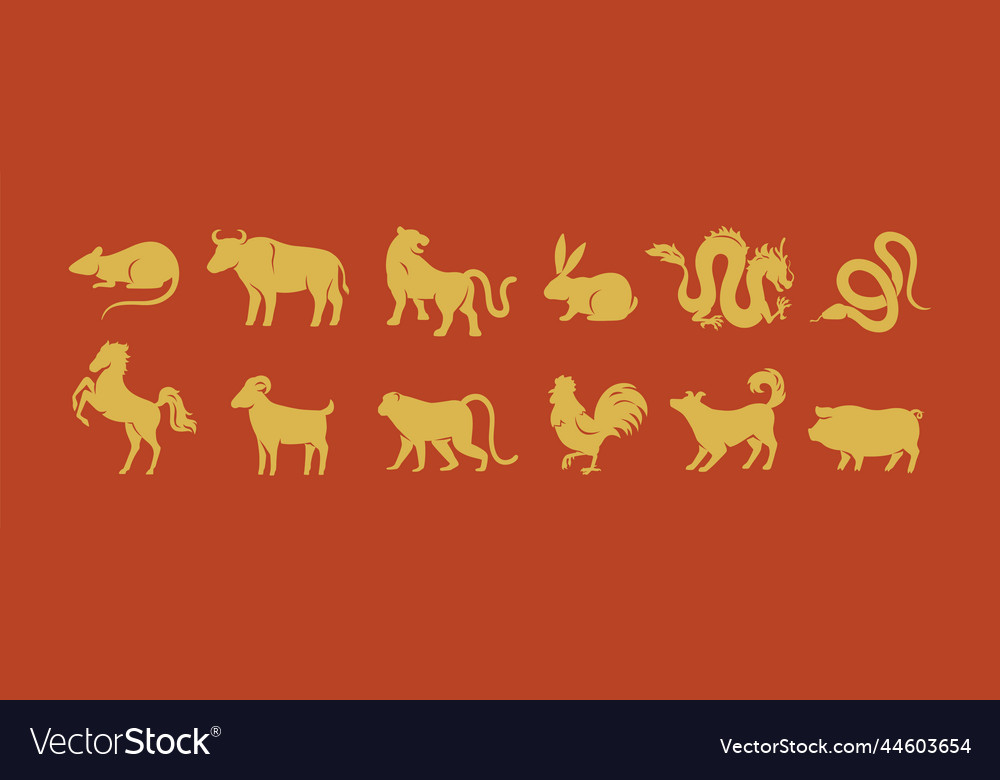 Chinese Zodiac With 12 Animal Signs Silhouettes Vector Image