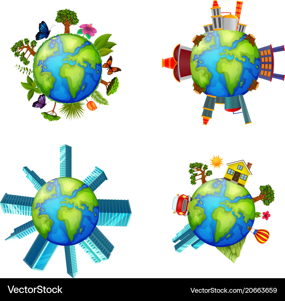 Different Buildings On Island Around The Earth Vector Image