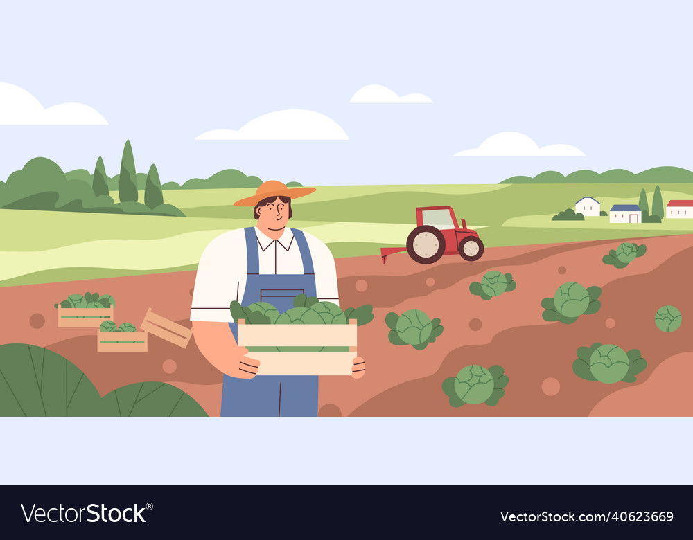 Farm landscape with agriculture field and farmer