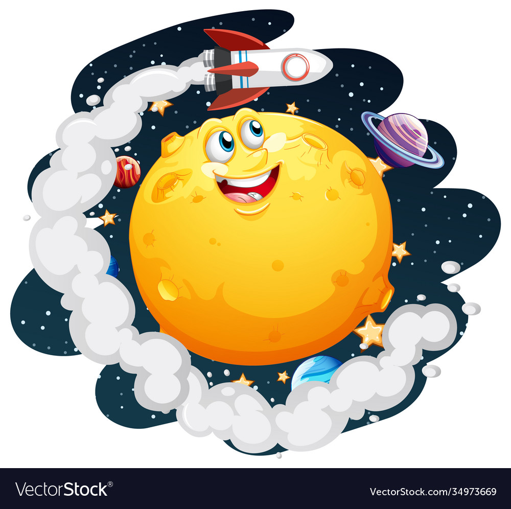 Moon with happy face on space galaxy theme