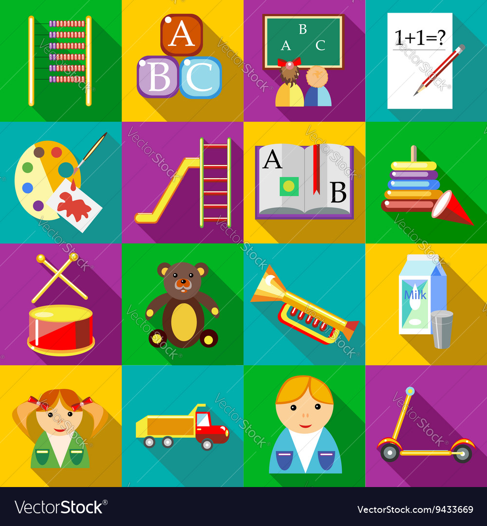 Preschool icons set flat style Royalty Free Vector Image